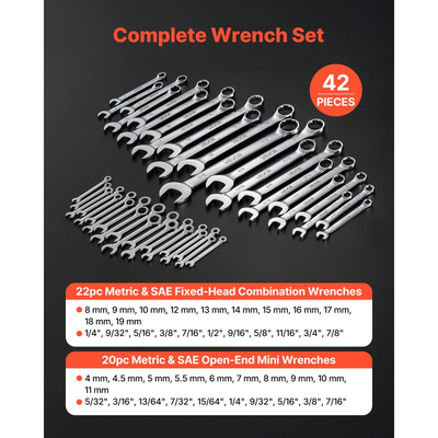 Σετ κλειδιών VEVOR, 42 τεμαχίων SAE και μετρικά, κλειδιά 12 άκρων με άκρο σε κουτί και ανοιχτό άκρο υπό γωνία 15° με θήκη τύλιξης, από ανθρακούχο χάλυβα, για γενικές επισκευές σπιτιού και αυτοκινήτων