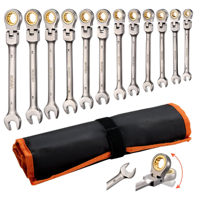 Σετ κλειδιών με καστάνια VEVOR Flex-Head, 12 τεμαχίων μετρικό, 8 mm έως 19 mm, 72 δόντια, σετ εύκαμπτων κλειδιών συνδυασμού από χάλυβα Cr-V με θήκη τύλιξης, για γενικές επισκευές σπιτιού και αυτοκινήτων