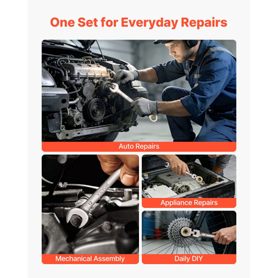 Σετ κλειδιών καστάνιας VEVOR Flex-Head, 24 τεμαχίων SAE και μετρικό, 72 δόντια, σετ κλειδιών συνδυασμού με καστάνια από χάλυβα Cr-V με θήκη αποθήκευσης, για γενική οικιακή χρήση, επισκευές αυτοκινήτων, γκρι νίκελ