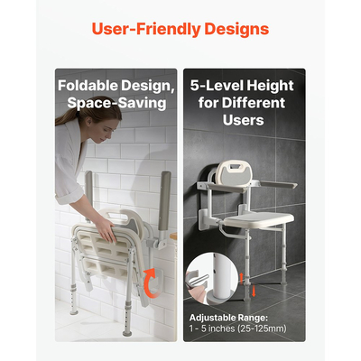 Πτυσσόμενη καρέκλα ντους VEVOR, επιτοίχια, πτυσσόμενη καρέκλα ντους 457 mm με πλάτη, μπράτσα και ρυθμιζόμενα πόδια, πτυσσόμενη καρέκλα μπάνιου HDPE με πλαίσιο από ανοξείδωτο ατσάλι για ενήλικες και ηλικιωμένους, φόρτωση 150 kg