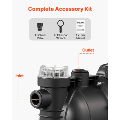Αντλία Jet VEVOR ρηχού φρεατίου, 1300W, μέγιστη παροχή 230V 4800L/H, αντλία Jet φρεατίου κήπου PP με ύψος αναρρόφησης 8 m, θερμική προστασία, ευρωπαϊκά πρότυπα τάσης, για άρδευση κήπου, πότισμα γκαζόν