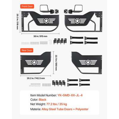 Πόρτες VEVOR Jeep Tube, 4θυρες, συμβατές με Jeep Wrangler JL JLU & Gladiator JT 4XE 2018-2026, Χαλύβδινες μπροστινές και πίσω σωληνωτές ημιθυρίδες Off Road με πιστοποιημένους πλευρικούς καθρέφτες DOT και λαστιχένια μαξιλαράκια.