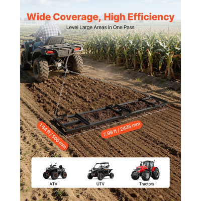 Σβάρνα VEVOR Drag Harrow, 243x50 cm, Ισοπεδωτής δρόμου με ρυθμιζόμενο πλάτος και χωρητικότητα φορτίου 50 λίβρες, Ισοπεδωτική τσουγκράνα βαρέως τύπου, Φρένο δρόμου με χαλίκι από γαλβανισμένο χάλυβα, Κατάλληλο για ATV, UTV και τρακτέρ