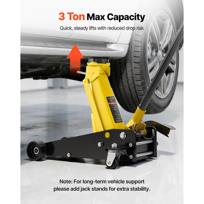 Γρύλος δαπέδου χαμηλού προφίλ VEVOR, χωρητικότητας 3 τόνων, ατσάλινος αγωνιστικός γρύλος δαπέδου με αντλία γρήγορης ανύψωσης μονού εμβόλου και ποδοκίνητο πεντάλ, υδραυλικός ανυψωτήρας τρόλεϊ για sedan, SUV, φορτηγάκια, εύρος ανύψωσης 130-500 mm