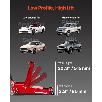 Γρύλος δαπέδου χαμηλού προφίλ VEVOR, χωρητικότητας 3 τόνων, γρύλος δαπέδου αλουμινίου αγώνων με αντλία γρήγορης ανύψωσης διπλών εμβόλων, υδραυλικός ανυψωτήρας τρόλεϊ για σπορ αυτοκίνητα, sedan, SUV, φορτηγάκια, εύρος ανύψωσης 85-515 mm