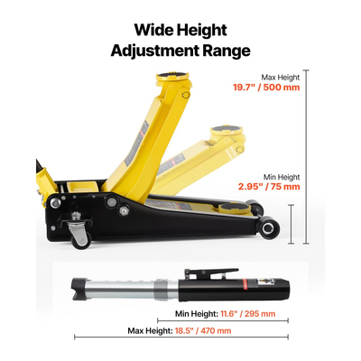Γρύλος δαπέδου χαμηλού προφίλ VEVOR, χωρητικότητας 3 τόνων, ατσάλινος αγωνιστικός γρύλος δαπέδου με αντλία γρήγορης ανύψωσης διπλών εμβόλων, υδραυλικός ανυψωτήρας καροτσιού για σπορ αυτοκίνητα, sedan, SUV, φορτηγάκια, εύρος ανύψωσης 75-500 mm