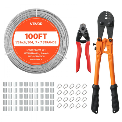 Κιτ συρματόσχοινου VEVOR 3,2 mm, μήκος 30,5 m, καλώδιο από ανοξείδωτο χάλυβα 304 με κόφτη, αντοχή σε θραύση 7,1 kN, κατασκευή 7 x 7 κλώνων, χαλύβδινο καλώδιο για σύστημα κιγκλιδωμάτων καταστρώματος, πέργκολα κήπου