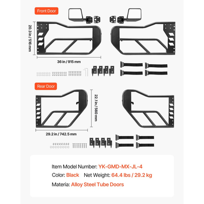 Πόρτες VEVOR Jeep Tube, 4θυρες, συμβατές με Jeep Wrangler JL 2018-2026 & Gladiator JT 2020-2026, Χαλύβδινες μπροστινές και πίσω σωληνωτές ημιθυρίδες Off Road με πιστοποιημένους πλευρικούς καθρέφτες DOT και λαστιχένια μαξιλαράκια.