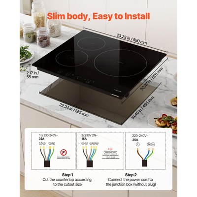VEVOR Επαγωγική Εστία 60 cm 3 Εστίες Εντοιχιζόμενη Ηλεκτρική Κουζίνα 220V 6200W, Επιτραπέζια Επαγωγική Εστία, με 9 Επίπεδα Ισχύος, Οθόνη Αφής LED, Κεραμική Γυάλινη Επιφάνεια, Κλείδωμα Παιδιών, για Κουζίνα, RV
