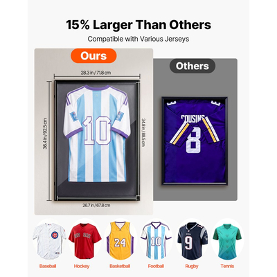 Βιτρίνα βιτρίνας VEVOR Jersey Frame, 92,5 x 71,8 x 4 cm, Ξύλινο κουτί σκιών για αθλητική φανέλα με προστασία 98% UV από την υπεριώδη ακτινοβολία, με μαγνητική κλειδαριά για μπλούζα μπέιζμπολ, μπάσκετ, ποδοσφαίρου, χόκεϊ, στολή