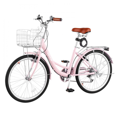 Γυναικείο Ποδήλατο VEVOR, Ποδήλατο Beach Cruiser 61cm, Ποδήλατο Πόλης Ενηλίκων 7 Ταχυτήτων με Σκελετό από Ανθρακονήματα, Χωρητικότητα 150kg, Καλάθι, Πίσω Σχάρα & Διπλά Φρένα V, Ροζ