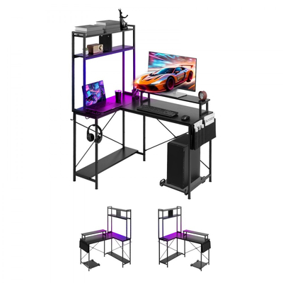 Γραφείο παιχνιδιών VEVOR σε σχήμα L με φώτα LED, αναστρέψιμο γωνιακό γραφείο υπολογιστή 1,2 μ. με βάση οθόνης, πρίζες, κινητή βάση CPU και ράφι, μοντέρνο κομψό τραπέζι παιχνιδιών υπολογιστή για το γραφείο στο σπίτι