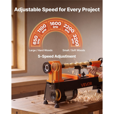 Τόρνος Ξύλου VEVOR 1/2 HP 254 mm x 465 mm Επιτραπέζιος Τόρνος Ξύλου 5 Ταχύτητες, 650/1100/1600/2200/3200 RPM, με Στήριγμα Εργαλείων & Κλειδιά, Βαρέως Τύπου, για Αρχάριους και Λάτρεις των DIY Ξυλουργικών Εργασιών, Ξυλοτορνευτικών Εργασιών